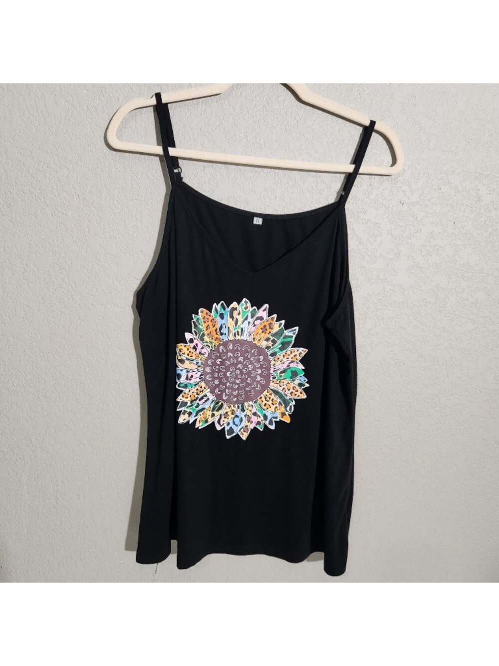 Black Floral Print Womens Tank Top XL Casual Relaxed Fit Sunflower Graphic